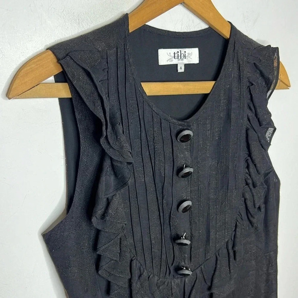 TIBI New York 100% Linen Floral Damask Ruffle Snap Button Sleeveless Dress - Picture 3 of 12